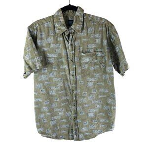 Essential Needs Mens Button Down Shirt Novelty Fish Print Cotton Beige S